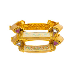 22K Yellow Gold Adjustable Bangle Set of 2 w/ Kundan and Rubies (79gm)