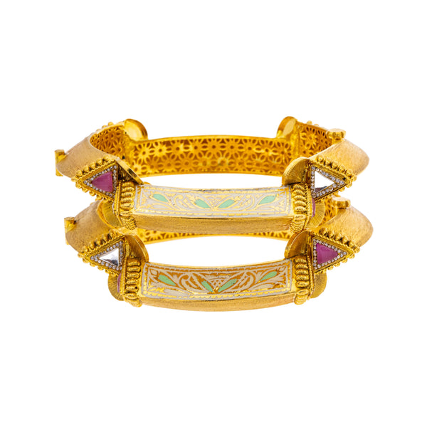 22K Yellow Gold Adjustable Bangle Set of 2 w/ Kundan and Rubies (79gm) | 



Virani Jewelers presents  a stunning pair of 22k yellow gold bangles with Kundans and rubies—...