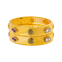 22K Yellow Gold Bangle Set of 2 w/ Kundan, Rubies, & CZ in Size 2.6 (46.4gm)