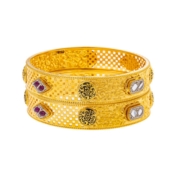 22K Yellow Gold Bangle Set of 2 w/ Kundan, Rubies, & CZ in Size 2.6 (46.4gm) | 



Shine in this alluring pair of two 22k yellow gold bangles by Virani Jewelers with exquisite ...