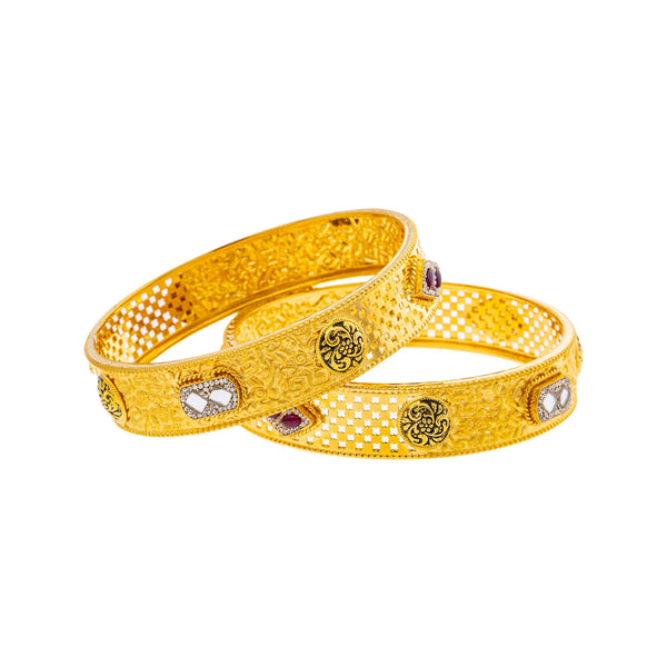 22K Yellow Gold Bangle Set of 2 w/ Kundan, Rubies, & CZ in Size 2.6 (46.4gm) | 



Shine in this alluring pair of two 22k yellow gold bangles by Virani Jewelers with exquisite ...