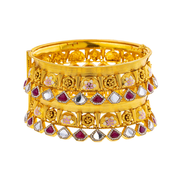 22K Yellow Gold, Kundan, Ruby, & CZ Adjustable Bangle Set of 2 (73.7gm) | 



Embrace the allure of Indian gold jewelry with this set of two 22k yellow gold bangles by Vir...