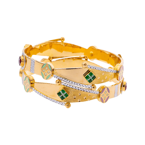 22K Yellow Gold, CZ, Ruby, & Emerald Bangle Set of 2 in Size 2.6 (44.6gm) | 



This pair of elegant 22k yellow gold bangles by Virani Jewelers showcase exquisite craftsmans...