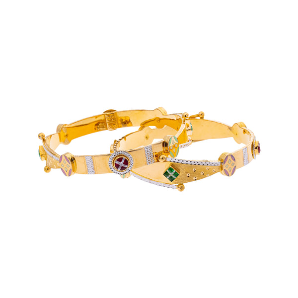 22K Yellow Gold, CZ, Ruby, & Emerald Bangle Set of 2 in Size 2.6 (44.6gm) | 



This pair of elegant 22k yellow gold bangles by Virani Jewelers showcase exquisite craftsmans...