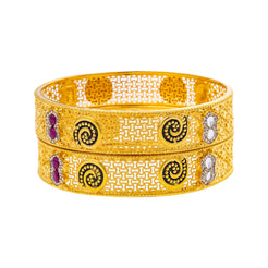 22K Yellow Gold, Kundan, Ruby, & CZ Bangle Set of 2 in Size 2.6 (39.2gm)