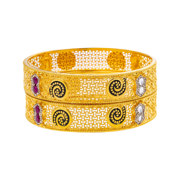 22K Yellow Gold, Kundan, Ruby, & CZ Bangle Set of 2 in Size 2.6 (39.2gm) | 



Exude elegance with 22k yellow gold bangles by Virani Jewelers, featuring dazzling rubies, CZ...