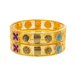 22K Yellow Gold, Emerald, Ruby, & CZ Bangle Set of 2 in Size 2.6 (44.2gm)