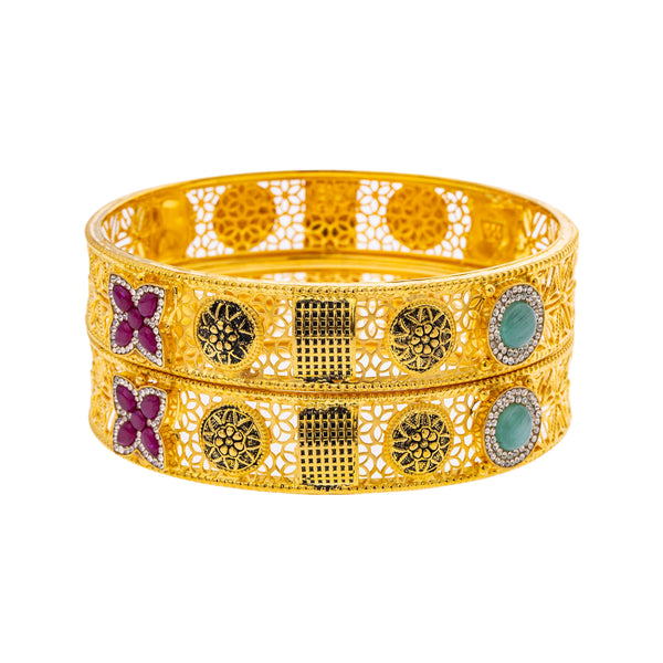 22K Yellow Gold, Emerald, Ruby, & CZ Bangle Set of 2 in Size 2.6 (44.2gm) | 



Celebrate the tradition of Indian gold jewelry craftsmanship with this set of two 22k yellow ...