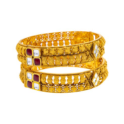 22K Yellow Gold, Kundan & Ruby Adjustable Bangle Set of 2 (55.2gm)