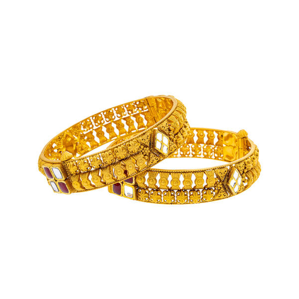 22K Yellow Gold, Kundan & Ruby Adjustable Bangle Set of 2 (55.2gm) | 



Embrace luxury with this 22k yellow gold bangles set by Virani Jewelers, featuring vibrant ru...