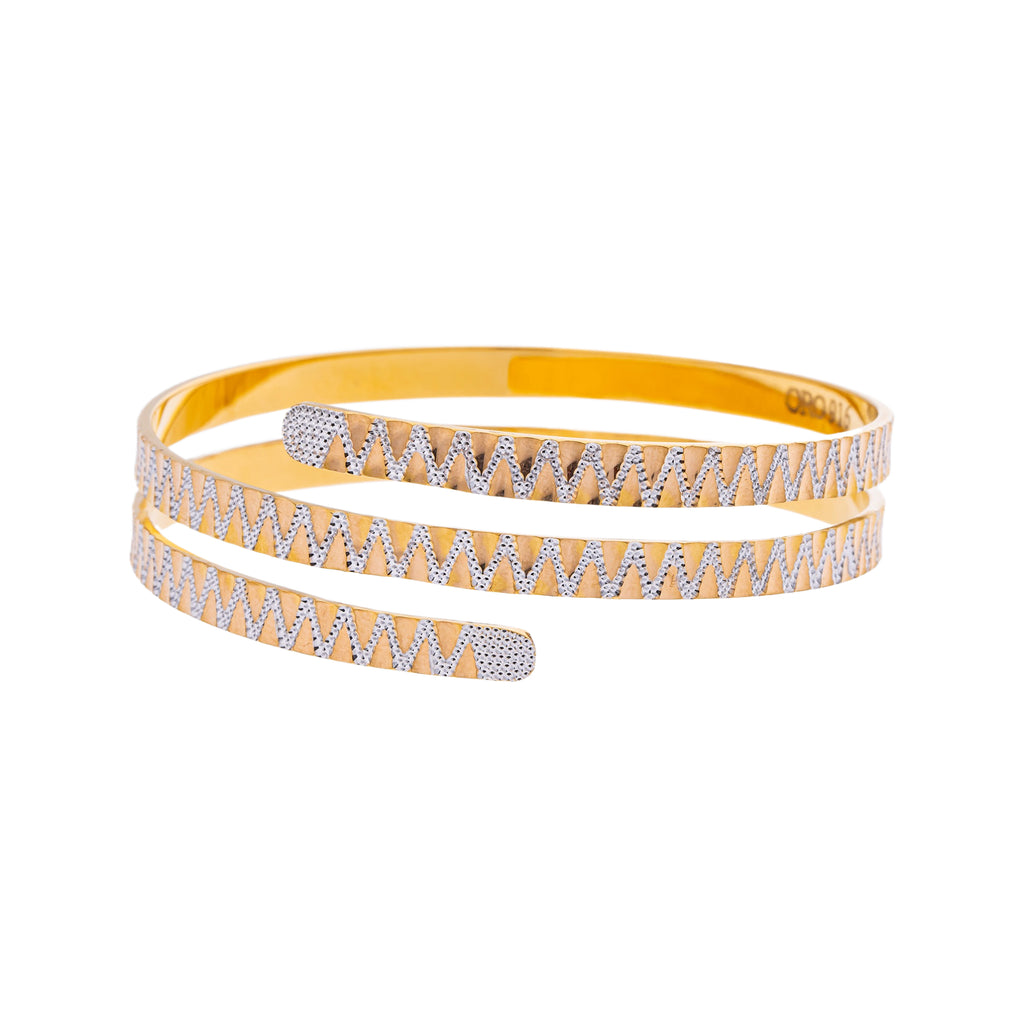 22K Yellow & White Gold Spiral Bangle Bracelet - Adjustable (41.5 gm) | 



Add a sophisticated layer of shine to your wrist with this beautiful 22k yellow and white gol...