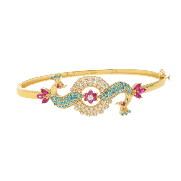 22K Yellow Gold Peacock Bangle with Ruby, CZ, & Sapphires (15 grams) | 



This 22k yellow gold peacock bangle by Virani Jewelers is a true work of art, showcasing the ...