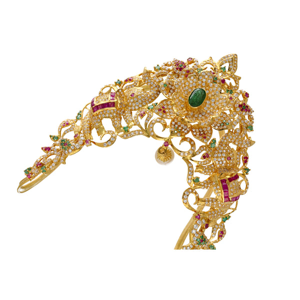 22K Yellow Gold Vanki Arm Bracelet w/ Emerald, Ruby, Pearls & CZ (64.5grams) | 



The elegance of traditional Indian jewelry is captured in this 22k gold and gemstone Vanki ar...