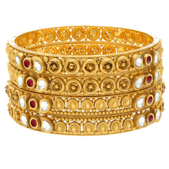 22K Yellow Gold Bangle Set of 4 w/ Kundan & Ruby (79gm)