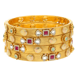 22K Yellow Gold Bangle Set of 4 w/ CZ, Emerald, Kundan & Ruby (68.9gm)