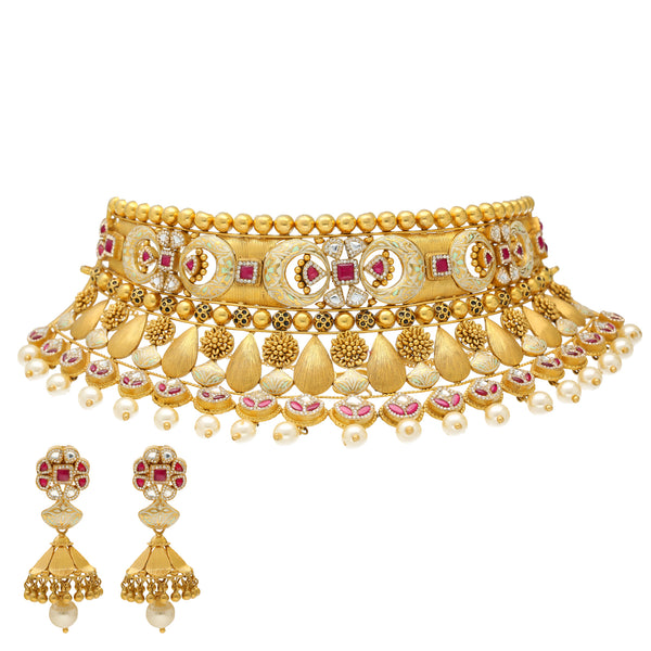 22K Yellow Gold Antique Choker Necklace Set w/ Kundan, Ruby, Pearls & Uncut Diamonds (98.9gm) | 



Virani Jewelers offers you this beautiful 22k yellow gold antique choker necklace and earring...