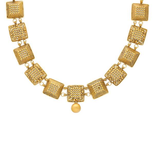 22K Yellow Gold Antique Necklace Set (39.2gm) | 



This 22k yellow gold necklace and earring set by Virani Jewelers is a masterpiece of quality ...