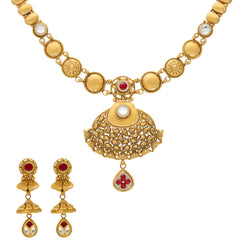 22K Yellow Gold Antique Choker Necklace Set w/ Ruby & CZ (42.6gm)