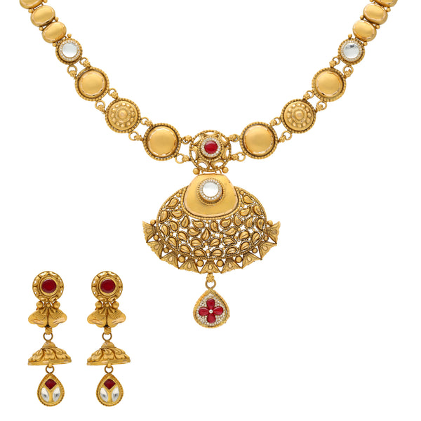 22K Yellow Gold Antique Choker Necklace Set w/ Ruby & CZ (42.6gm) | 



Virani Jewelers presents a 22k yellow gold choker necklace and earring set that beautifully b...