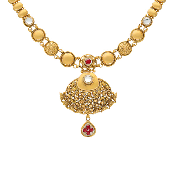 22K Yellow Gold Antique Choker Necklace Set w/ Ruby & CZ (42.6gm) | 



Virani Jewelers presents a 22k yellow gold choker necklace and earring set that beautifully b...