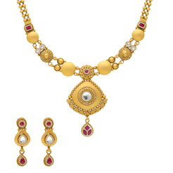 22K Yellow Gold Antique Necklace Set w/ Ruby & CZ (38.4gm)