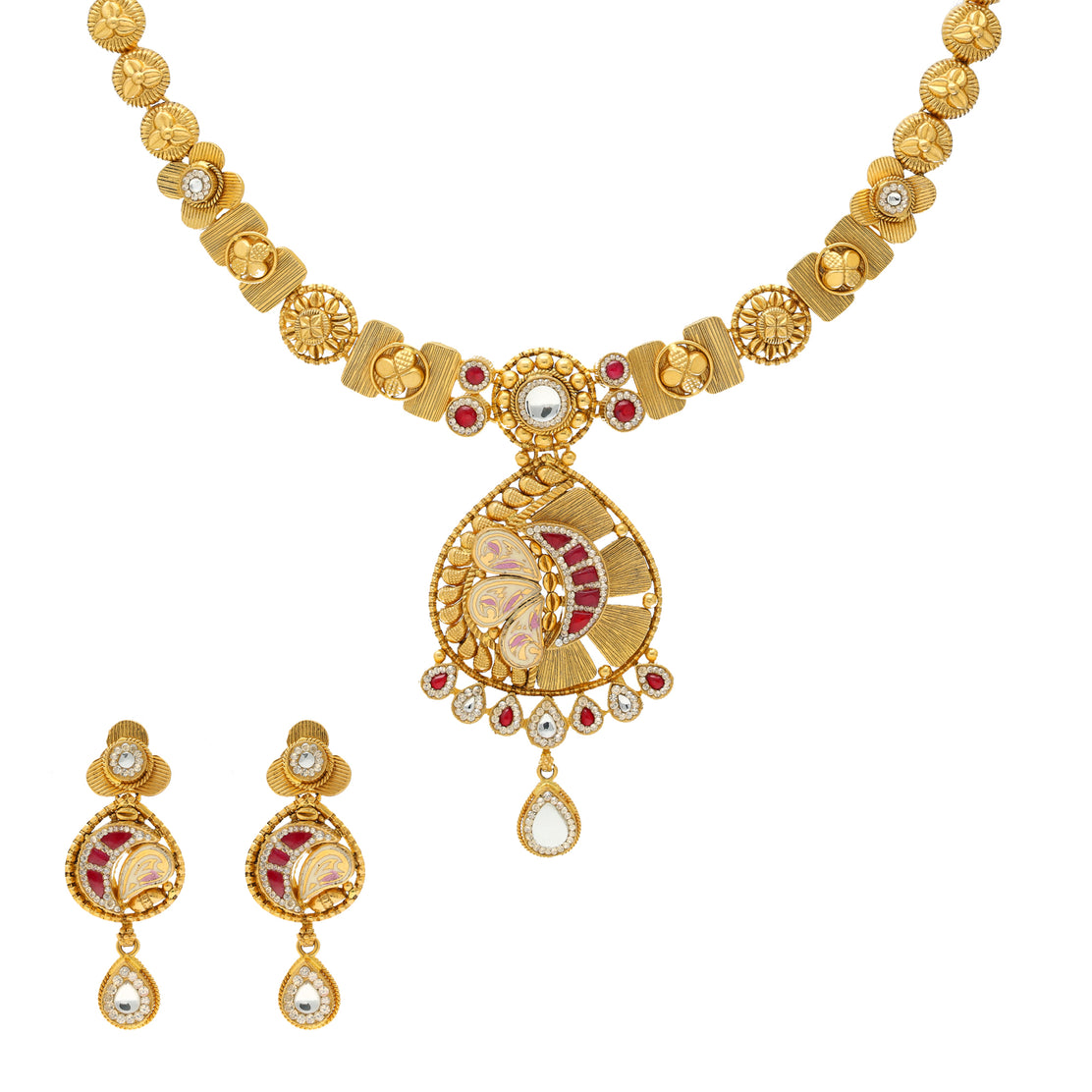 22K Yellow Gold Antique Necklace Set w/ Ruby &amp; CZ (38.8gm 