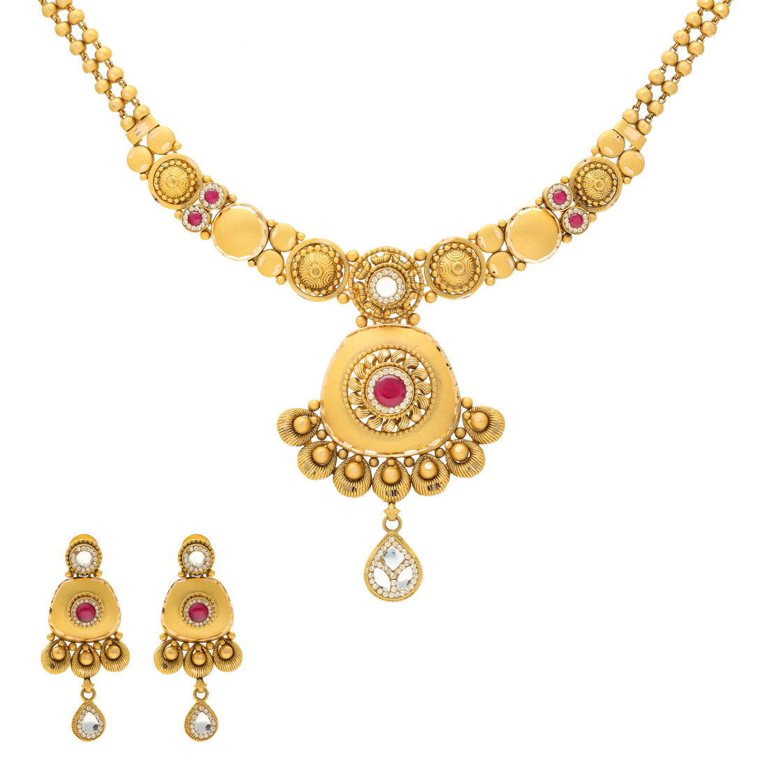 22K Yellow Gold Antique Necklace Set w/ Ruby &amp; CZ (40gm) – Virani 