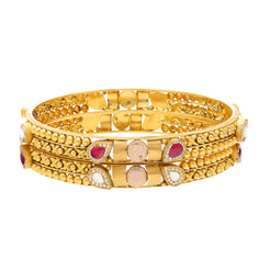 22K Yellow Gold Bangle Set of 2 w/ Kundan & Ruby (31.3gm)