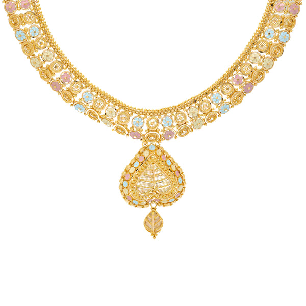 22K Yellow Gold Antique Necklace Set (58.4gm) | 



This 22k yellow gold necklace and earring set showcases a stunning combination of cultural be...