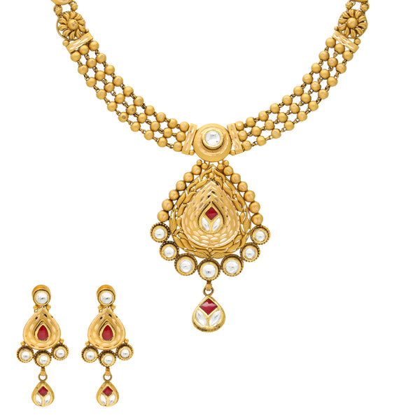 22K Yellow Gold Antique Necklace Set w/ Kundan & Ruby (48gm) | 



Embrace the endless elegance of Indian craftsmanship with this 22k yellow gold necklace and e...