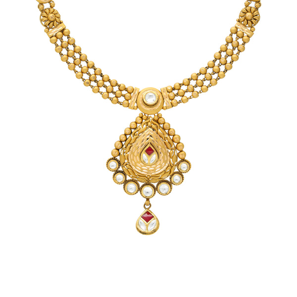 22K Yellow Gold Antique Necklace Set w/ Kundan & Ruby (48gm) | 



Embrace the endless elegance of Indian craftsmanship with this 22k yellow gold necklace and e...