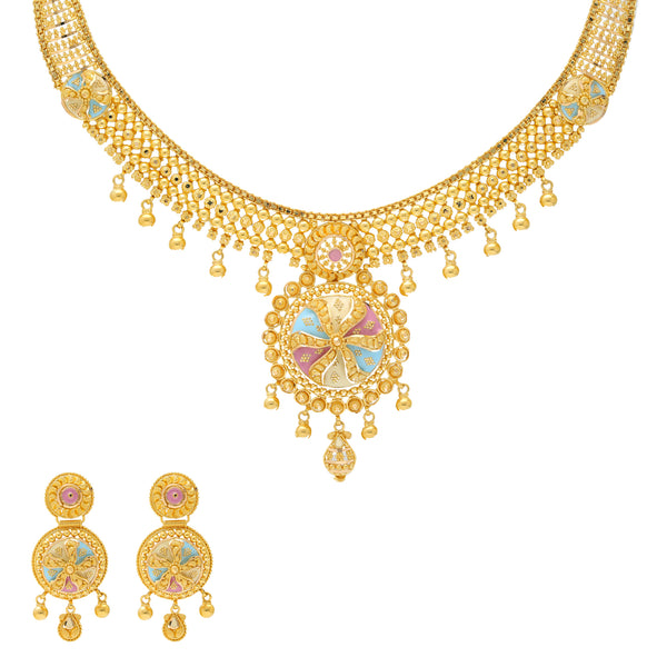 22K Yellow Gold Antique Necklace Set (47.8gm) | 



This 22k yellow gold necklace and earring set by Virani Jewelers showcases the beauty of trad...