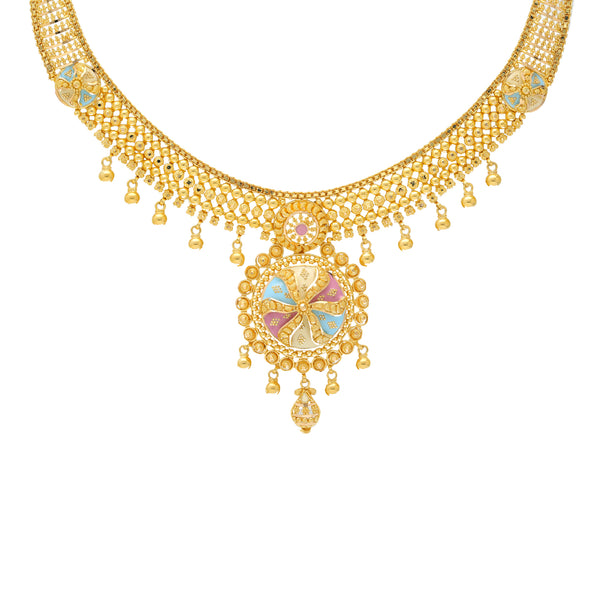 22K Yellow Gold Antique Necklace Set (47.8gm) | 



This 22k yellow gold necklace and earring set by Virani Jewelers showcases the beauty of trad...