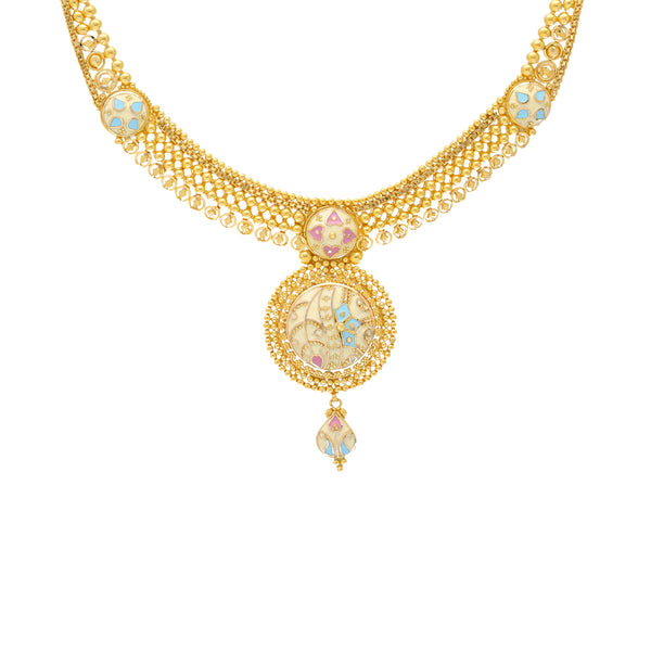 22K Yellow Gold Antique Necklace Set (40.9gm) | 



Indulge in the luxury of 22k yellow gold with this exquisite necklace and earring set by Vira...