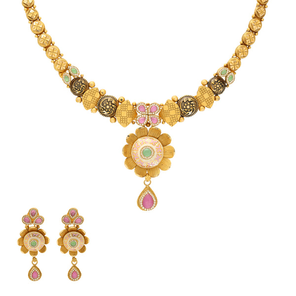 22K Yellow Gold Antique Necklace Set w/ Emerald & Ruby (38.2gm) | 



Virani Jewelers presents a gorgeous 22k yellow gold necklace and earring set that embodies th...