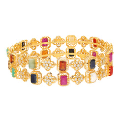 22K Yellow Gold Bangle Set of 2 w/ Kundan, Emerald, CZ, Ruby & Sapphire (32.5gm)