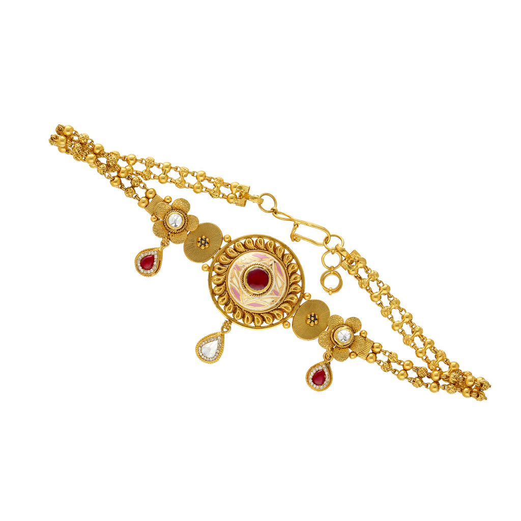 22K Yellow Gold Choker Necklace w/ Ruby & Kundan (21.6gm) | Experience the luxury of 22k Indian gold jewelry with this stunning ruby and Kundan choker neckla...