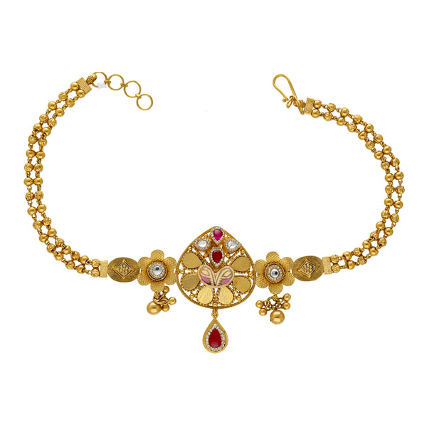 22K Yellow Gold Choker Necklace w/ Ruby & Kundan (21.5gm) | This 22k yellow gold choker necklace by Virani Jewelers is a true work of art, inspired by the be...