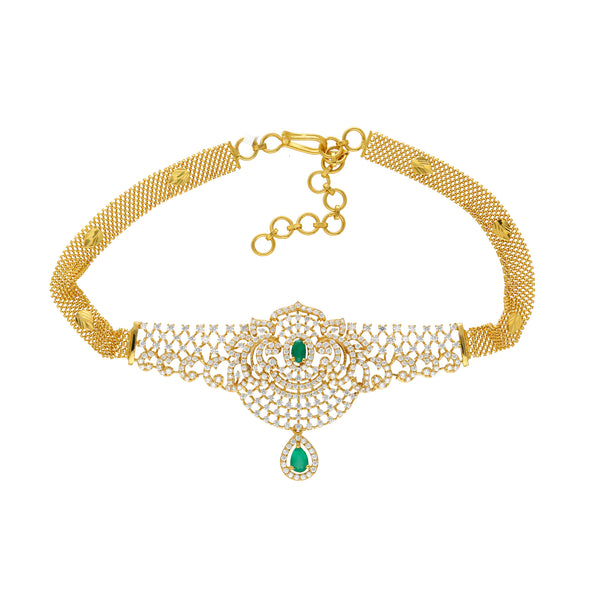 22K Yellow Gold Choker Necklace w/ Emerald & CZ (27.9gm) | Crafted in 22k yellow gold, this choker necklace by Virani Jewelers is a beautiful example of tra...