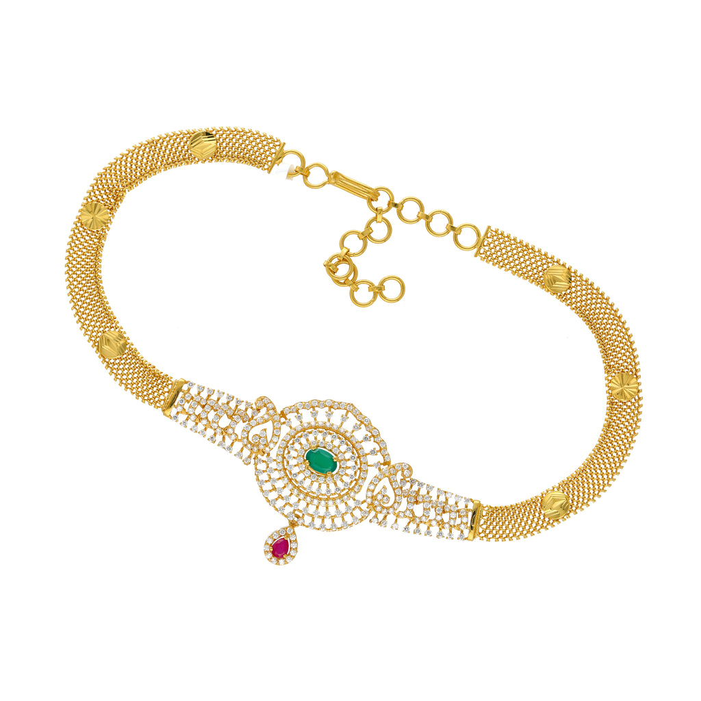 22K Yellow Gold Choker Necklace w/ CZ, Emerald & Ruby (24gm) | This exquisite 22k yellow gold choker necklace by Virani Jewelers is a celebration of the timeles...