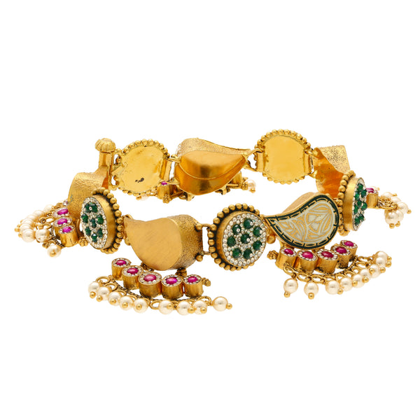 22K Yellow Gold Ornate Bangle w/ CZ, Emerald, Pearls & Ruby (74.8gm) | This stunning 22k yellow gold bangle by Virani Jewelers showcases an exquisite blend of rubies, e...