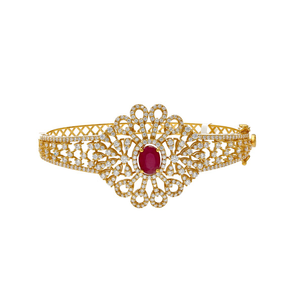 22K Yellow Gold Bangle w/ CZ &Ruby (20gm) | Crafted in 22k yellow gold, this beautiful bangle from Virani Jewelers is adorned with an array o...