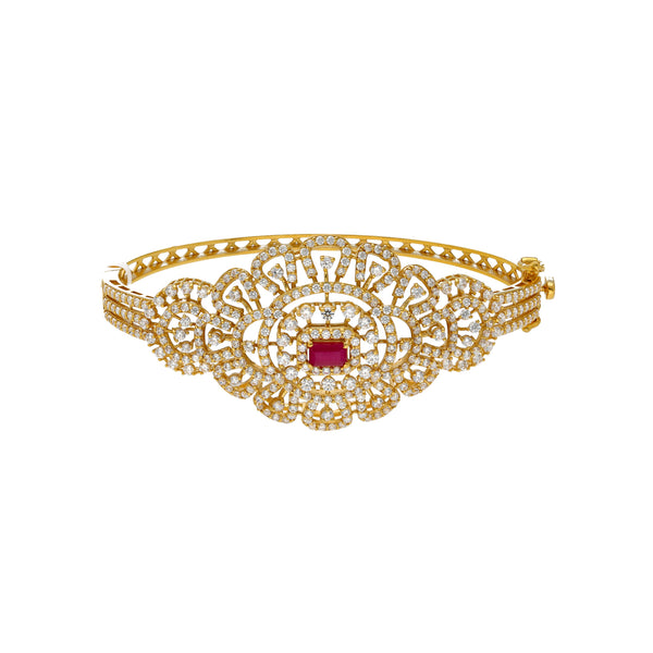 22K Yellow Gold Bangle w/ CZ &Ruby (19gm) | This stunning 22k yellow gold bangle by Virani Jewelers features a carefully curated selection of...