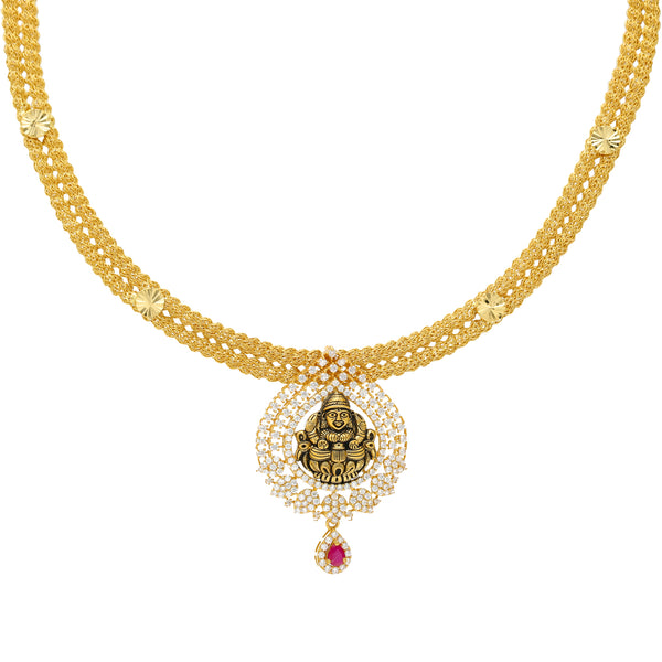 22K Antique Yellow Gold Temple Choker Necklace w/ CZ & Ruby (24.4gm) | Virani Jewelers' 22k antique yellow gold choker necklace is a stunning representation of heritage...