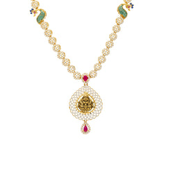 22K Yellow Gold Antique Temple Necklace w/ CZ, Emerald & Ruby (25.6gm)