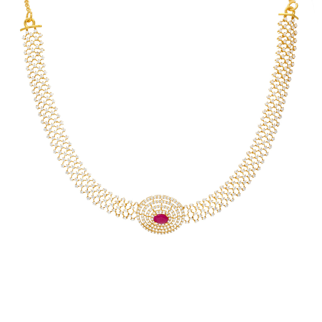 22K Yellow Gold Choker Necklace w/ CZ & Ruby (24.3gm) | Virani Jewelers presents a 22k yellow gold necklace that embodies the essence of Indian jewelry. ...