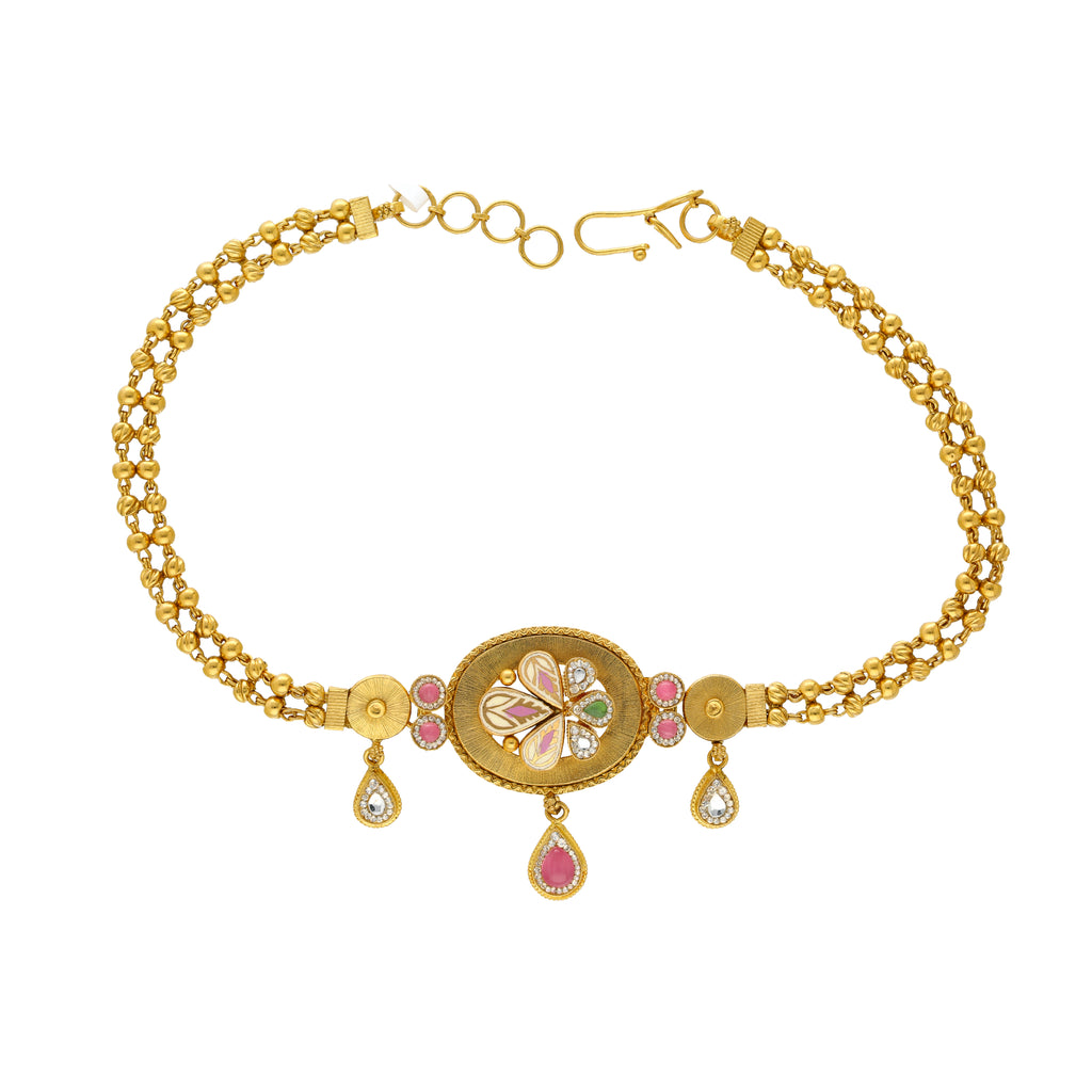 22K Yellow Gold Choker Necklace w/ CZ, Ruby & Kundan (20.5gm) | Crafted with care and precision, this 22k yellow gold choker necklace by Virani Jewelers is a stu...