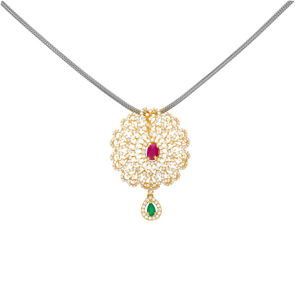 22K Yellow Gold, Emerald, Ruby, and CZ Pendant (8.5 grams) | 



A masterpiece of 22k yellow gold, this emerald, ruby, and cubic zirconia pendant adds a touch...