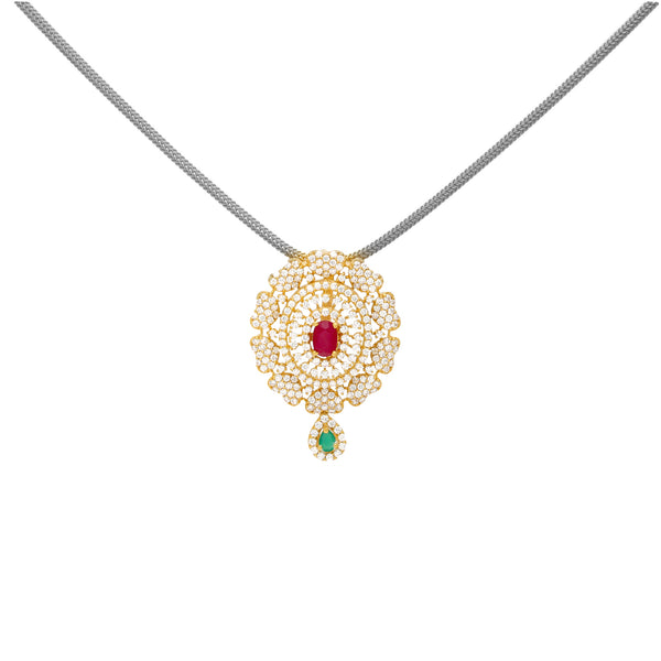 22K Yellow Gold, Emerald, Ruby and CZ Pendant (7.6 grams) | 



Designed in gleaming 22k yellow gold, this pendant by Virani Jewelers is adorned with a strik...