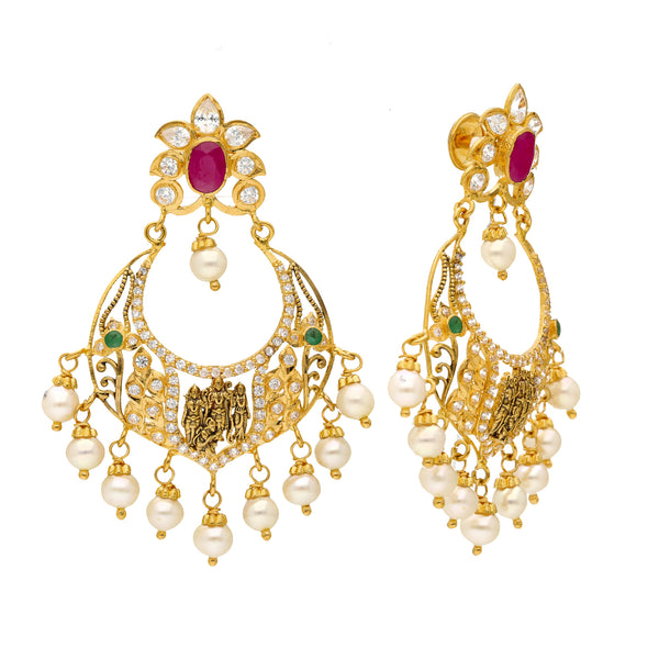 22K Yellow Gold, Emerald, Ruby, Pearls and CZ Chandbali Temple Earrings (17.5 grams) | 



These 22k yellow gold chandbali temple earrings feature brilliant gemstones that add a touch ...